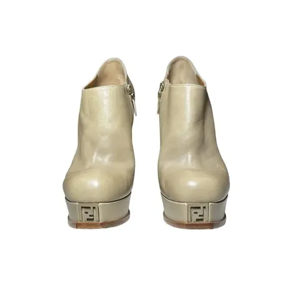 Fendi Fendista Beige Leather FF Logo Platform Heels Ankle Boots Size 39